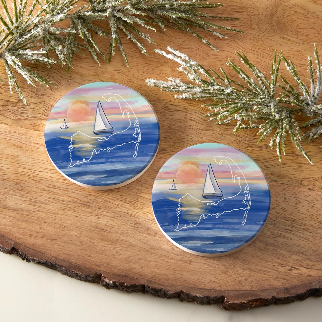 Watercolor Sunset With Sailboats| Absorbent Car Coasters | Set of 2 | Min 4