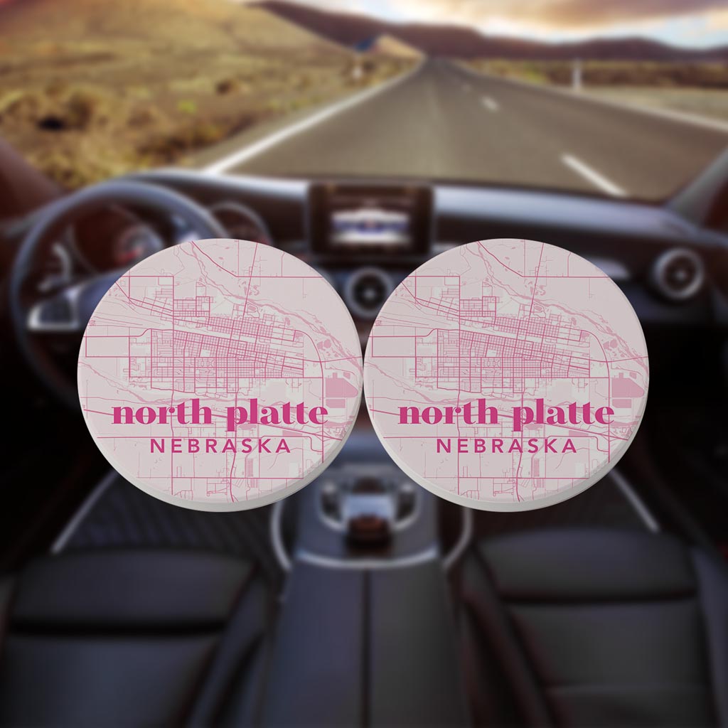 Bright Modern Pink Map Nebraska North Platte| Absorbent Car Coasters | Set of 2 | Min 4