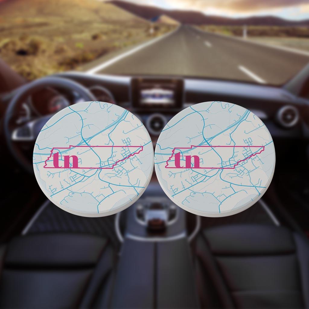 Bright Modern Abbreviated State Map Blue Tennessee Blountville | Absorbent Car Coasters | Set of 2 | Min 4