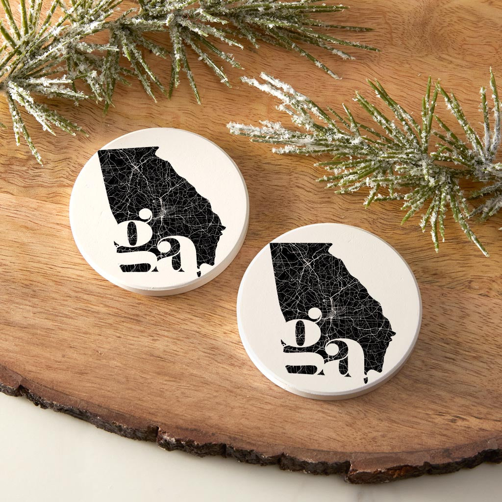 Black And White Abbreviated State Map White Georgia | Absorbent Car Coasters | Set of 2 | Min 4