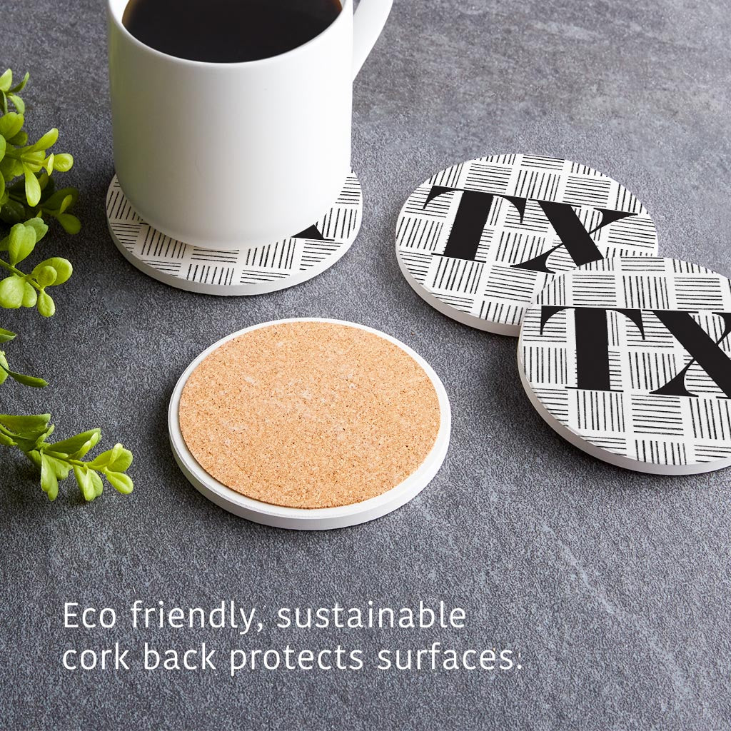 Black And White Abbreviated On White Texas| Absorbent Coasters | Set of 4 | Min 2