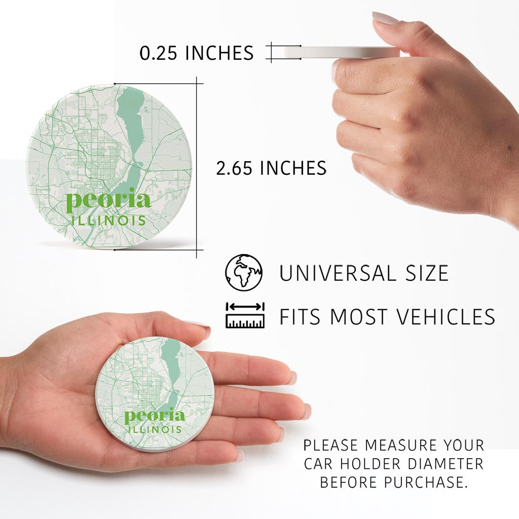 Bright Modern Green Map Illinois Peoria| Absorbent Car Coasters | Set of 2 | Min 4