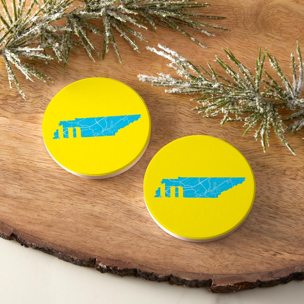 Bright Modern Abbreviated State Yellow Florida Blountville | Absorbent Car Coasters | Set of 2 | Min 4