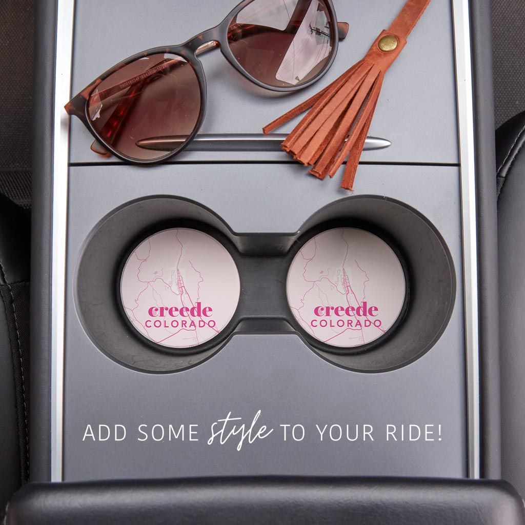 Bright Modern Pink Map Colorado Creede| Absorbent Car Coasters | Set of 2 | Min 4