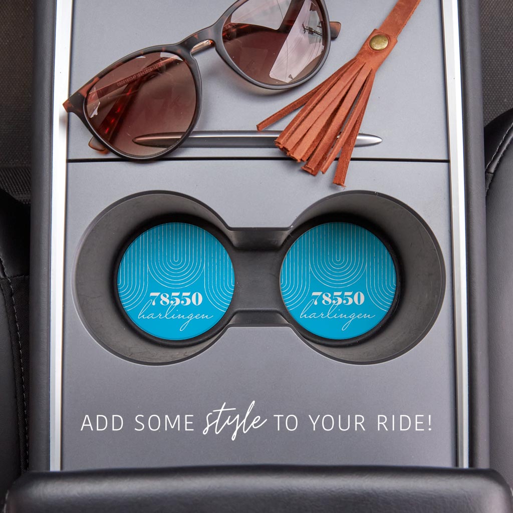 Bright Modern City Zip On Teal Texas Harlingen | Absorbent Car Coasters | Set of 2 | Min 4
