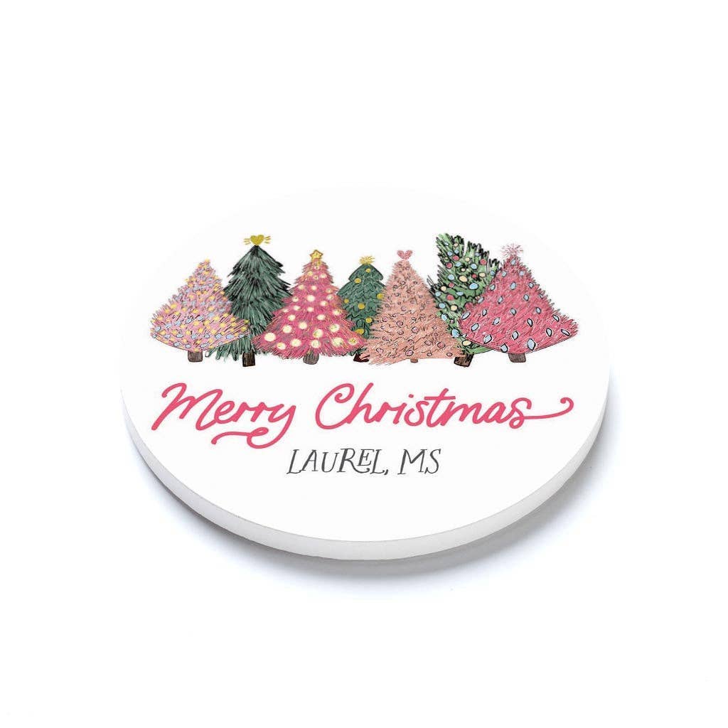 Round Coaster, Pink Christmas Trees, Custom Name Drop, Gift