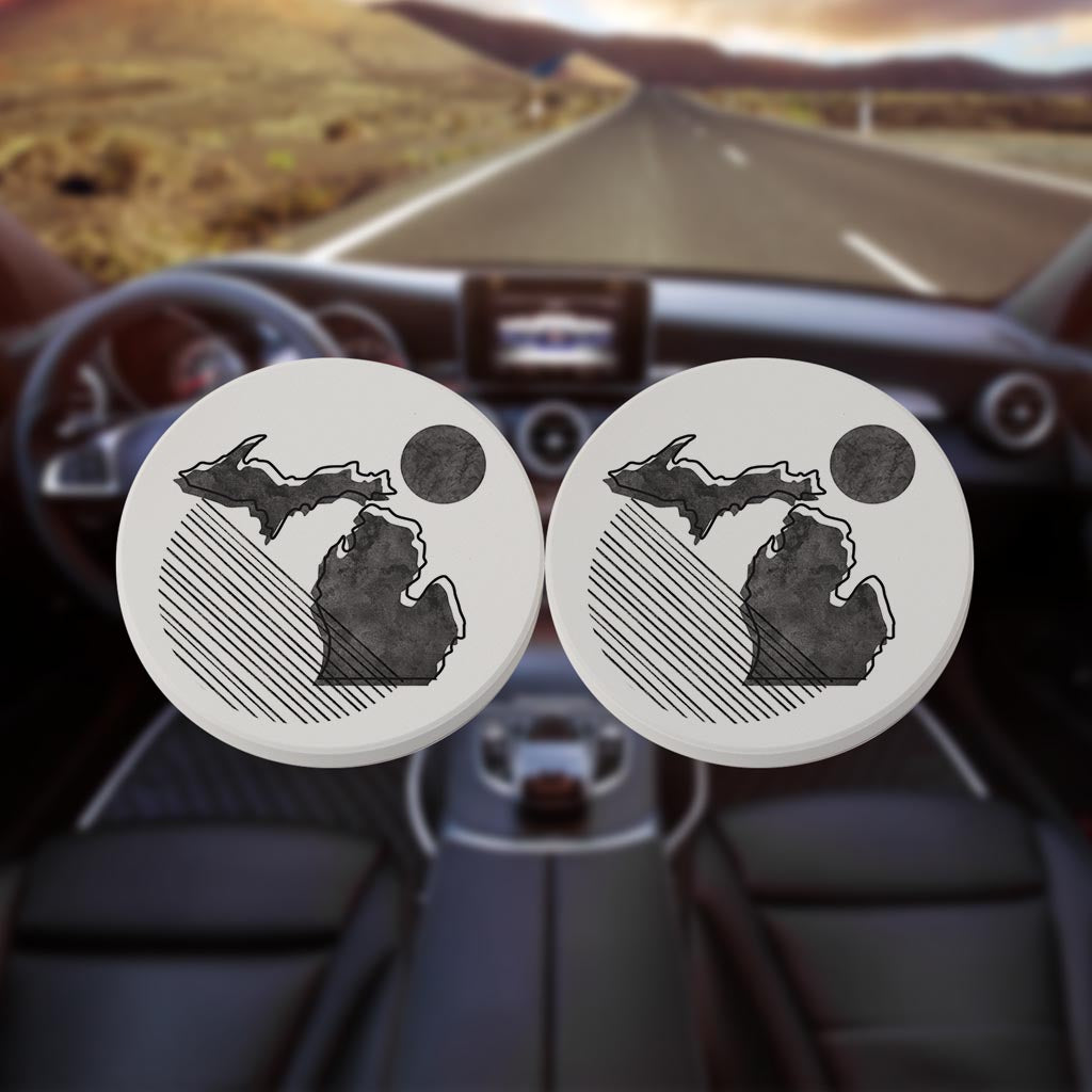 Black And White Geometric On White Michigan| Absorbent Car Coasters | Set of 2 | Min 4