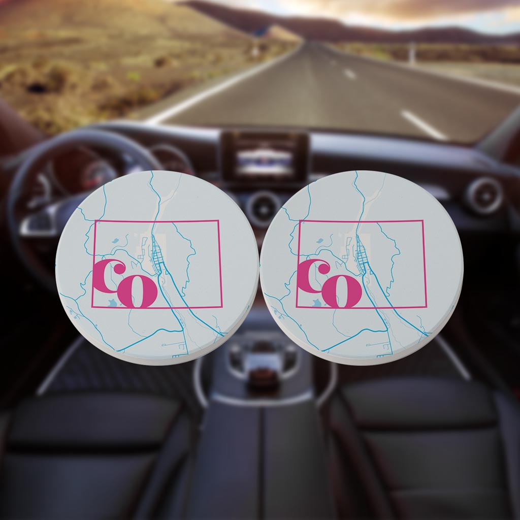 Bright Modern State Map Blue Colorado Creede| Absorbent Car Coasters | Set of 2 | Min 4