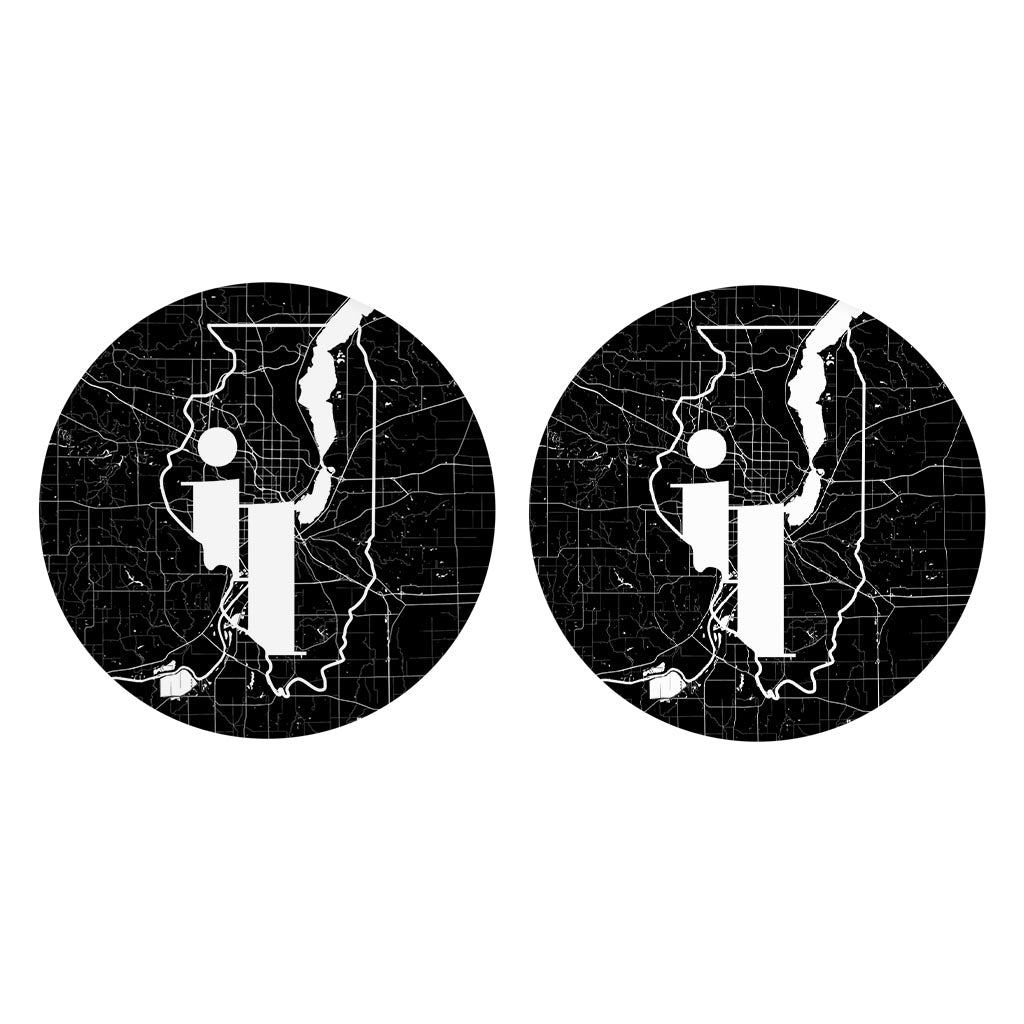 Black And White Abbreviated State Map Black Illinois Peoria| Absorbent Car Coasters | Set of 2 | Min 4