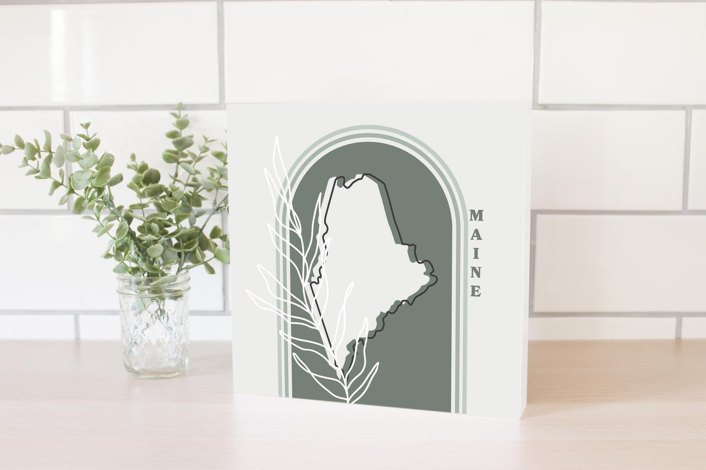Vintage Groove State With Leaf Maine | Wood Block | Eaches | Min 2