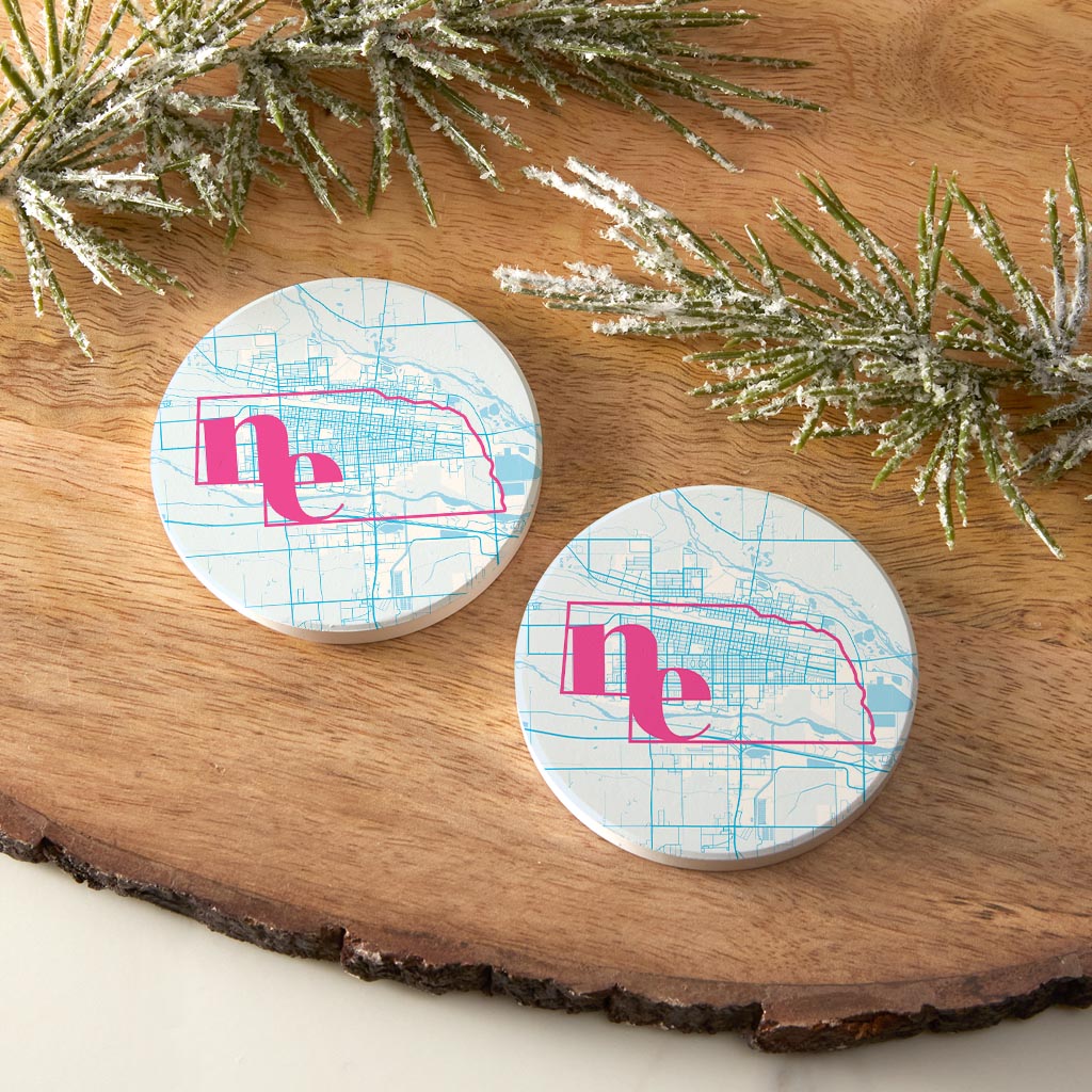 Bright Modern Abbreviated State Map Blue Nebraska North Platte| Absorbent Car Coasters | Set of 2 | Min 4