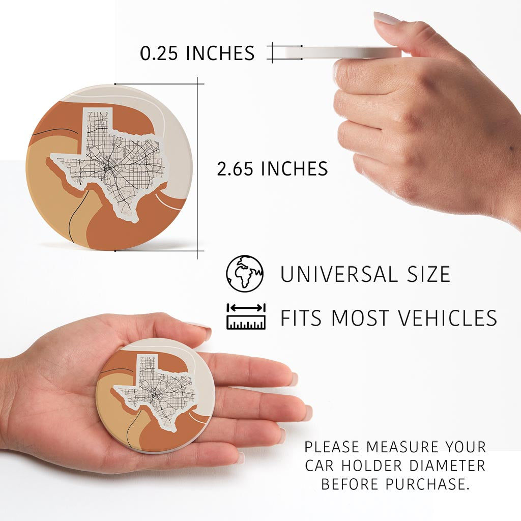 Vintage Groove Fluid Orange Map Texas Dallas| Absorbent Car Coasters | Set of 2 | Min 4