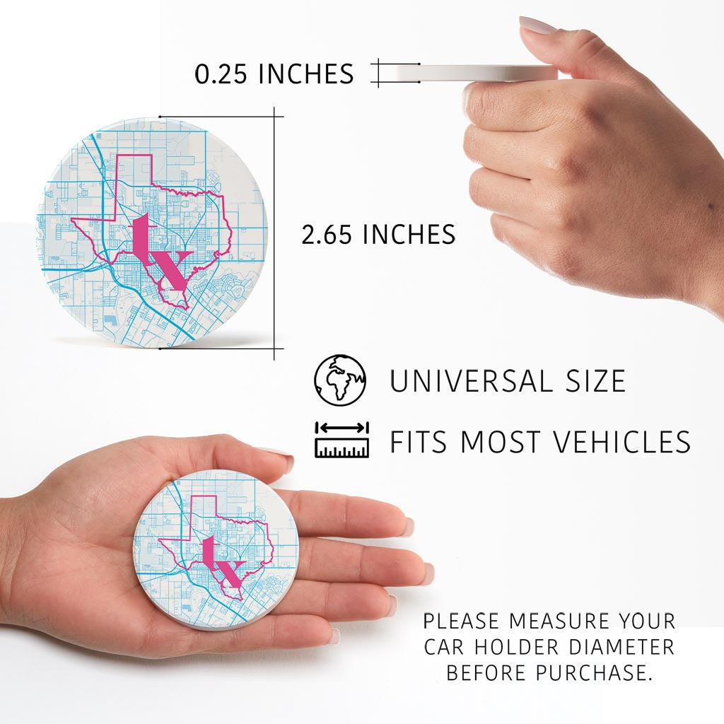 Bright Modern Abbreviated State Map Blue Texas Harlingen | Absorbent Car Coasters | Set of 2 | Min 4