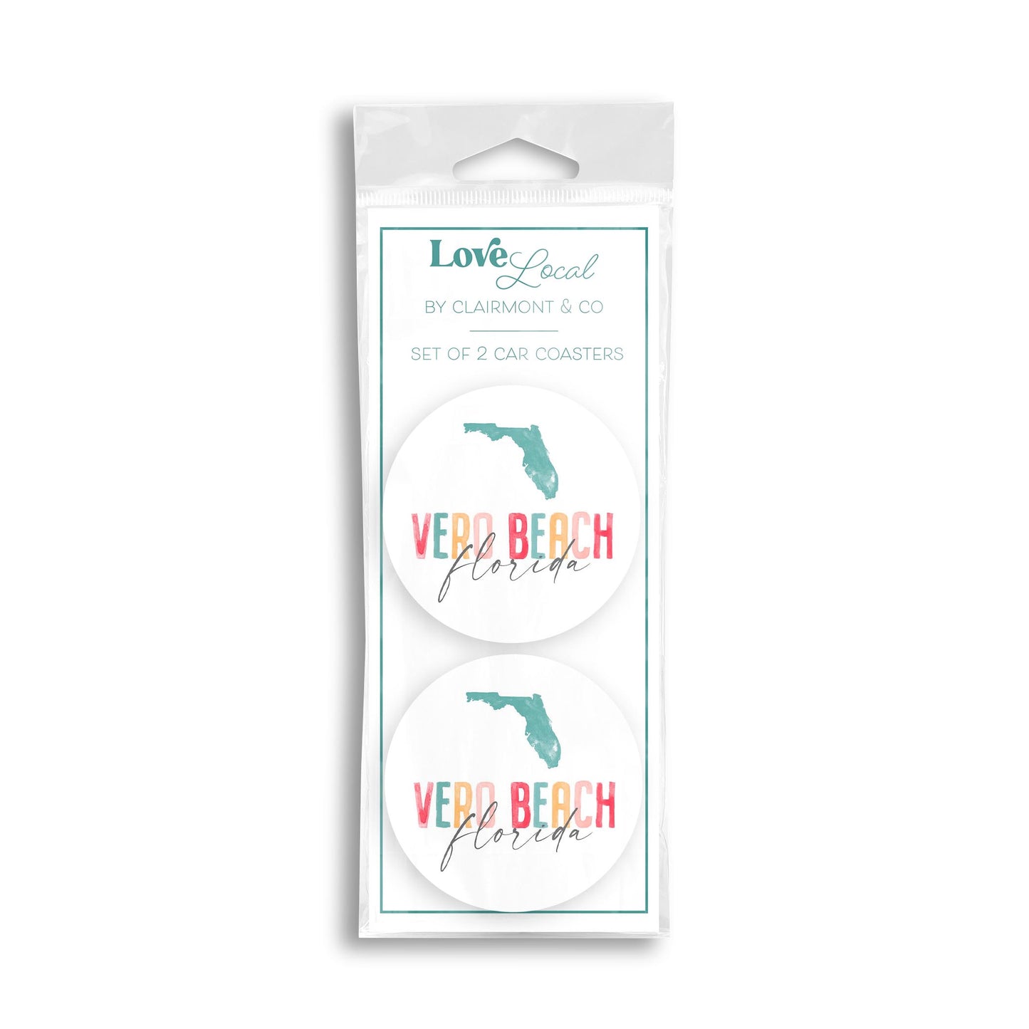Car Coaster 2-Pack Love Local-Watercolor City Vero Beach Florida -0