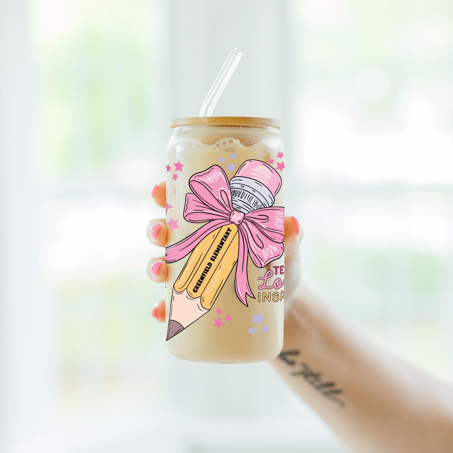 16oz Cold Brew Glass-Love+Local Classroom Coquette Teach Love Inspire -4