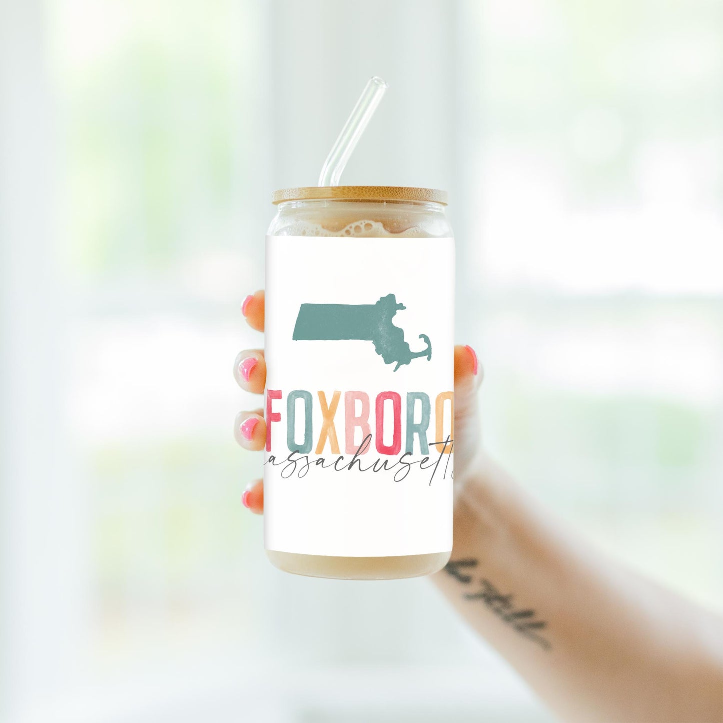16oz Cold Brew Glass-Watercolor City Foxboro Massachusetts -4