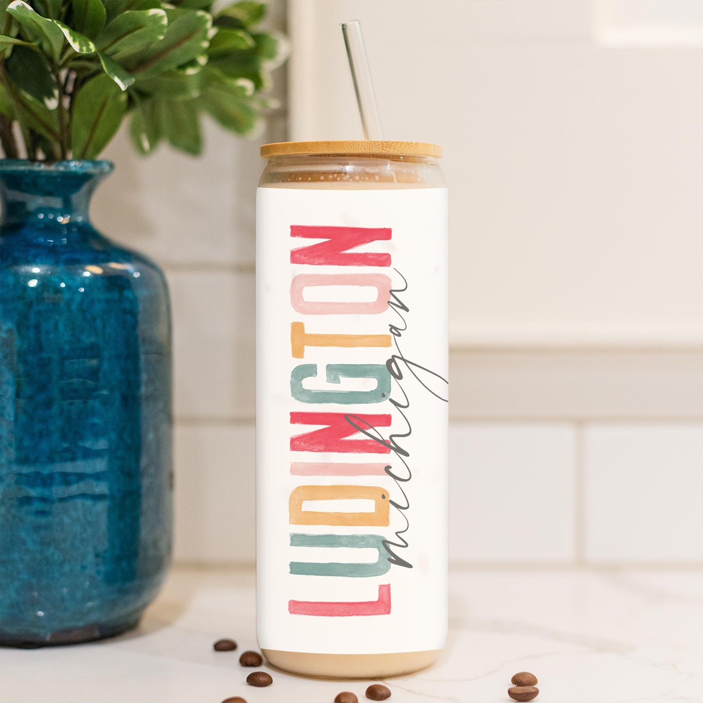 24oz Cold Brew Glass-Watercolor City Ludington Michigan -4