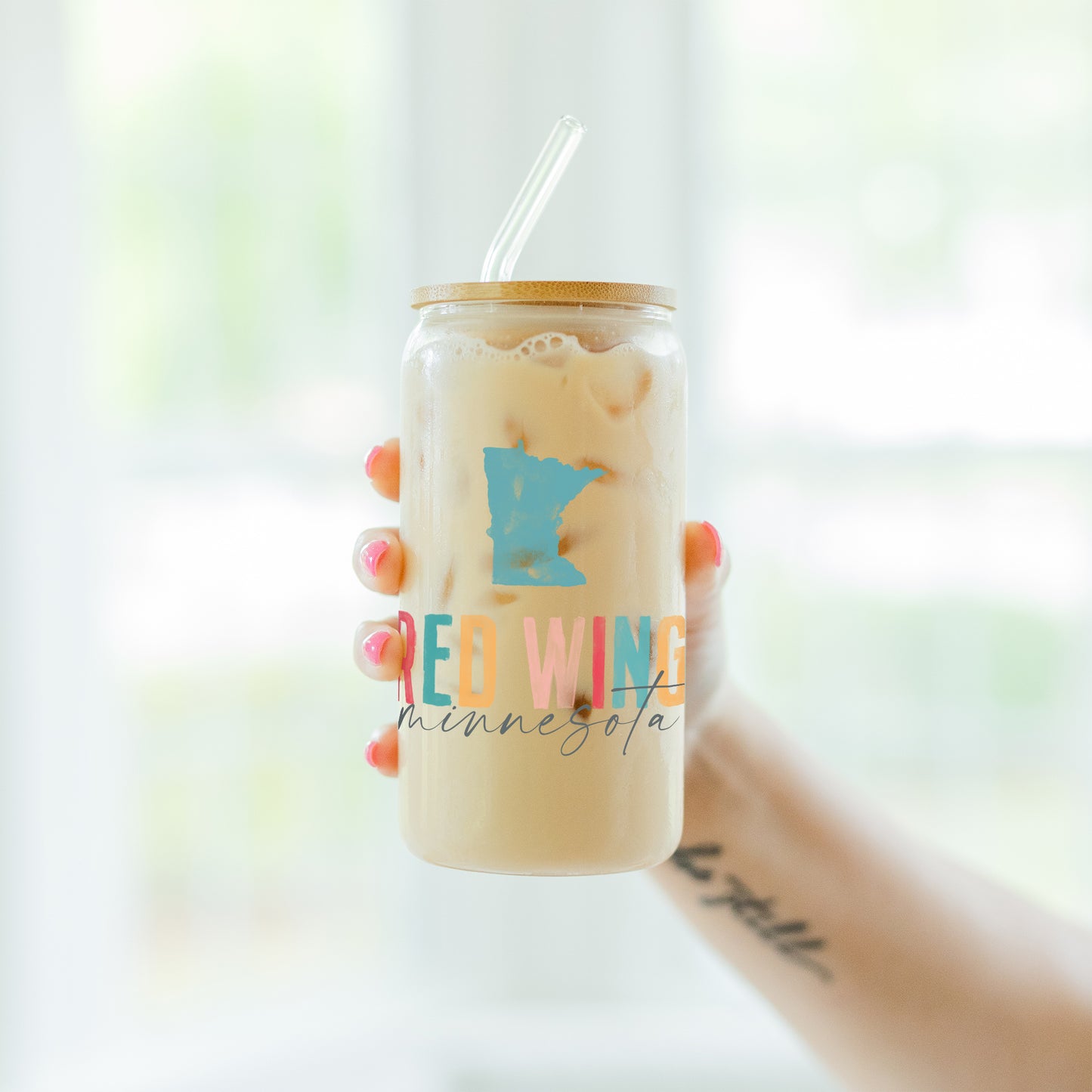 16oz Cold Brew Glass-Watercolor City Red Wing Minnesota