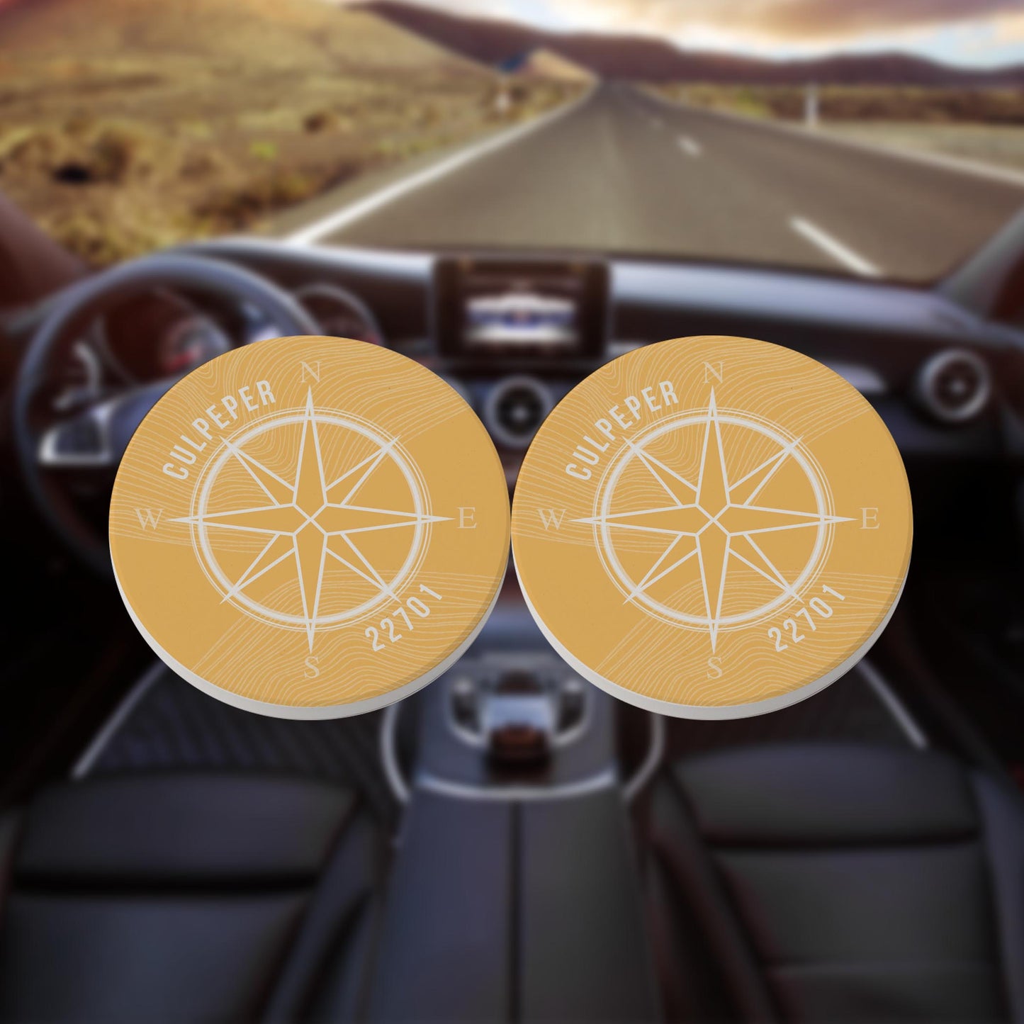 Car Coaster 2-Set-Boho Color Compass Zip on Yellow Culpepper VA 22701