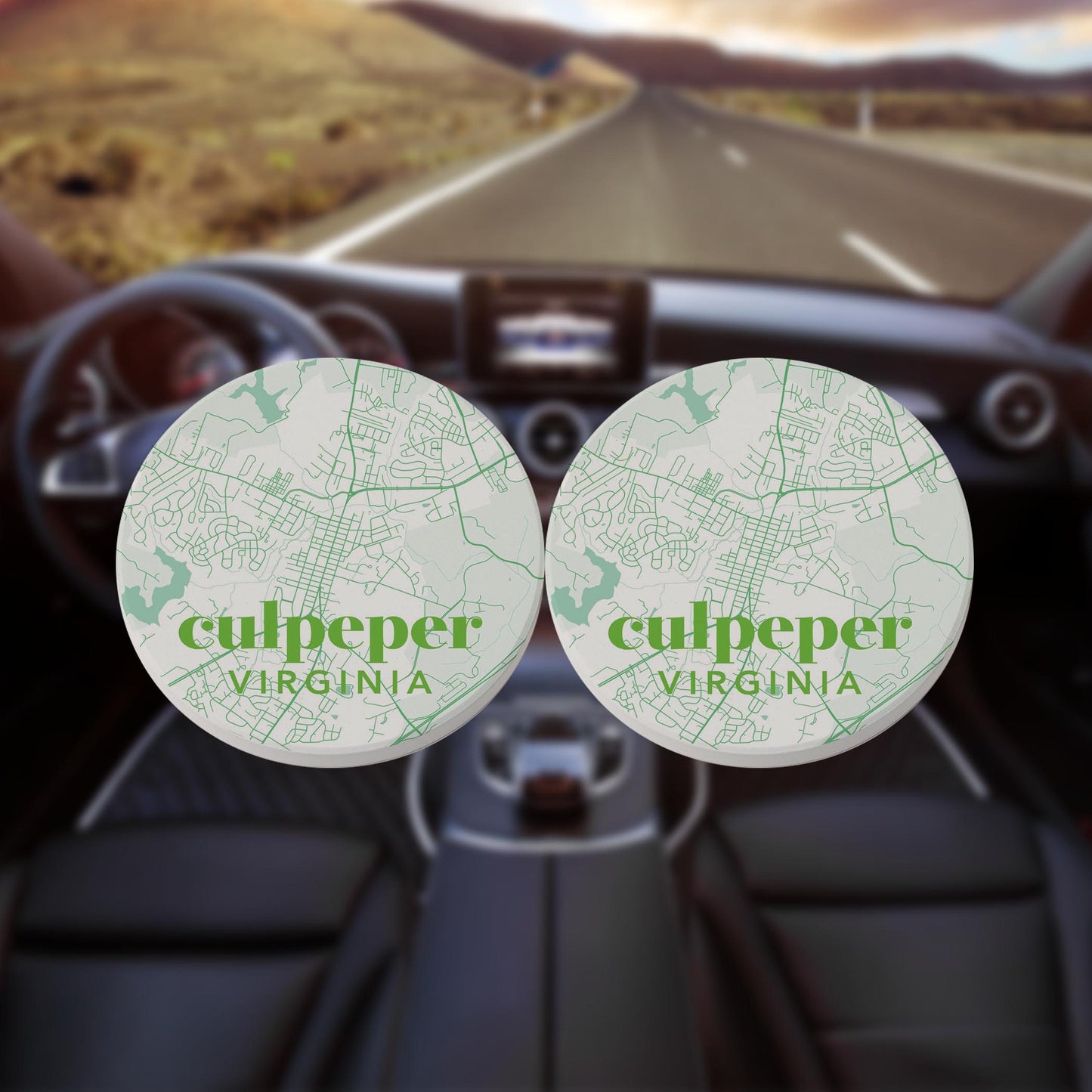 Car Coaster 2-Set-Bright Modern Green Map Culpepper VA