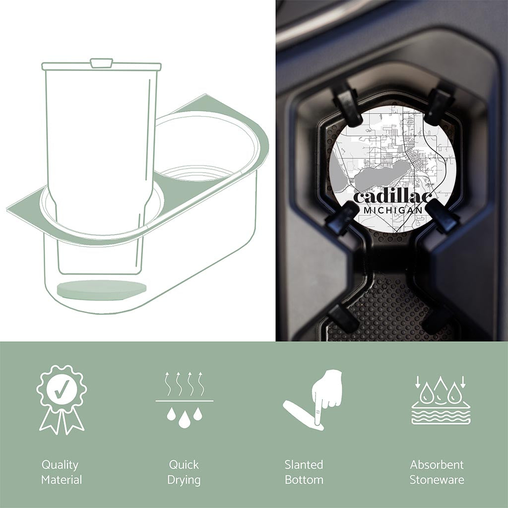 Car Coaster-Black and White White Map Cadillac Michigan -4