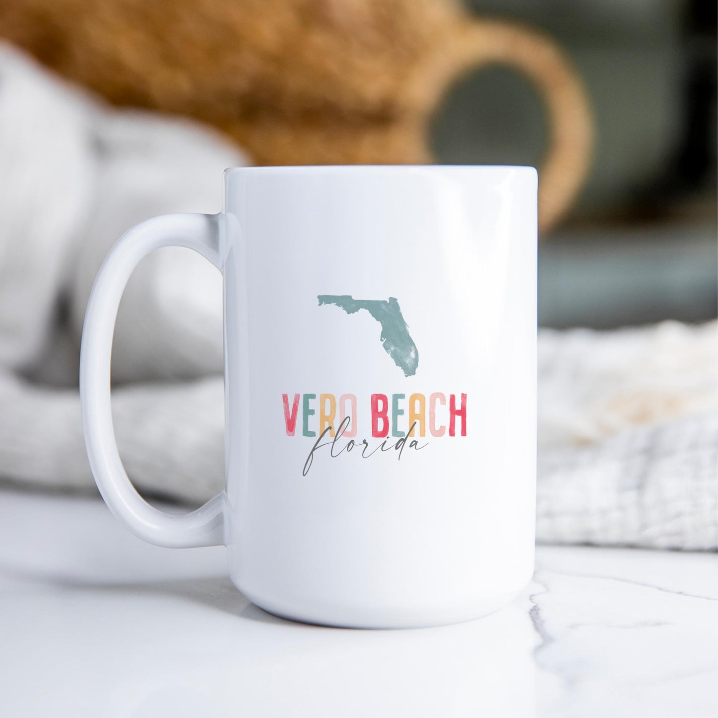 15oz Coffee Mug White-Watercolor City Vero Beach Florida -2