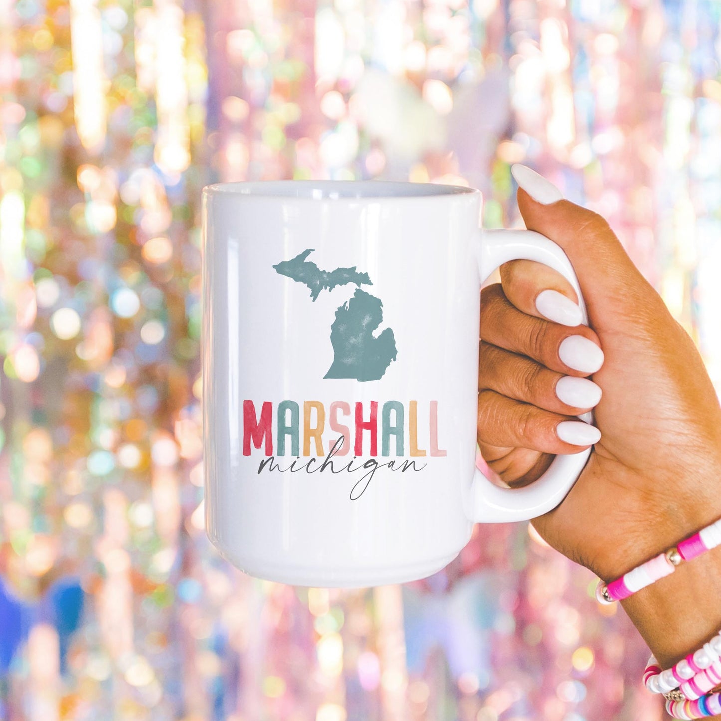 15oz Coffee Mug White-Watercolor City Marshall Michigan -4