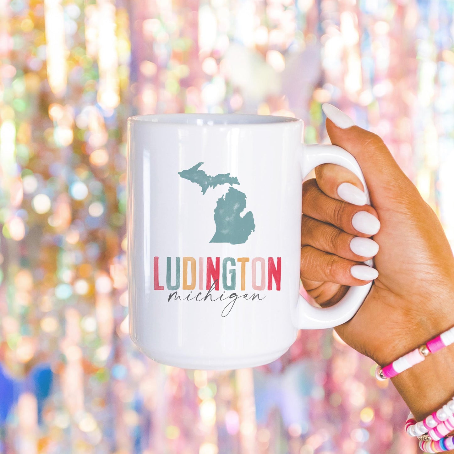 15oz Coffee Mug White-Watercolor City Ludington Michigan -4