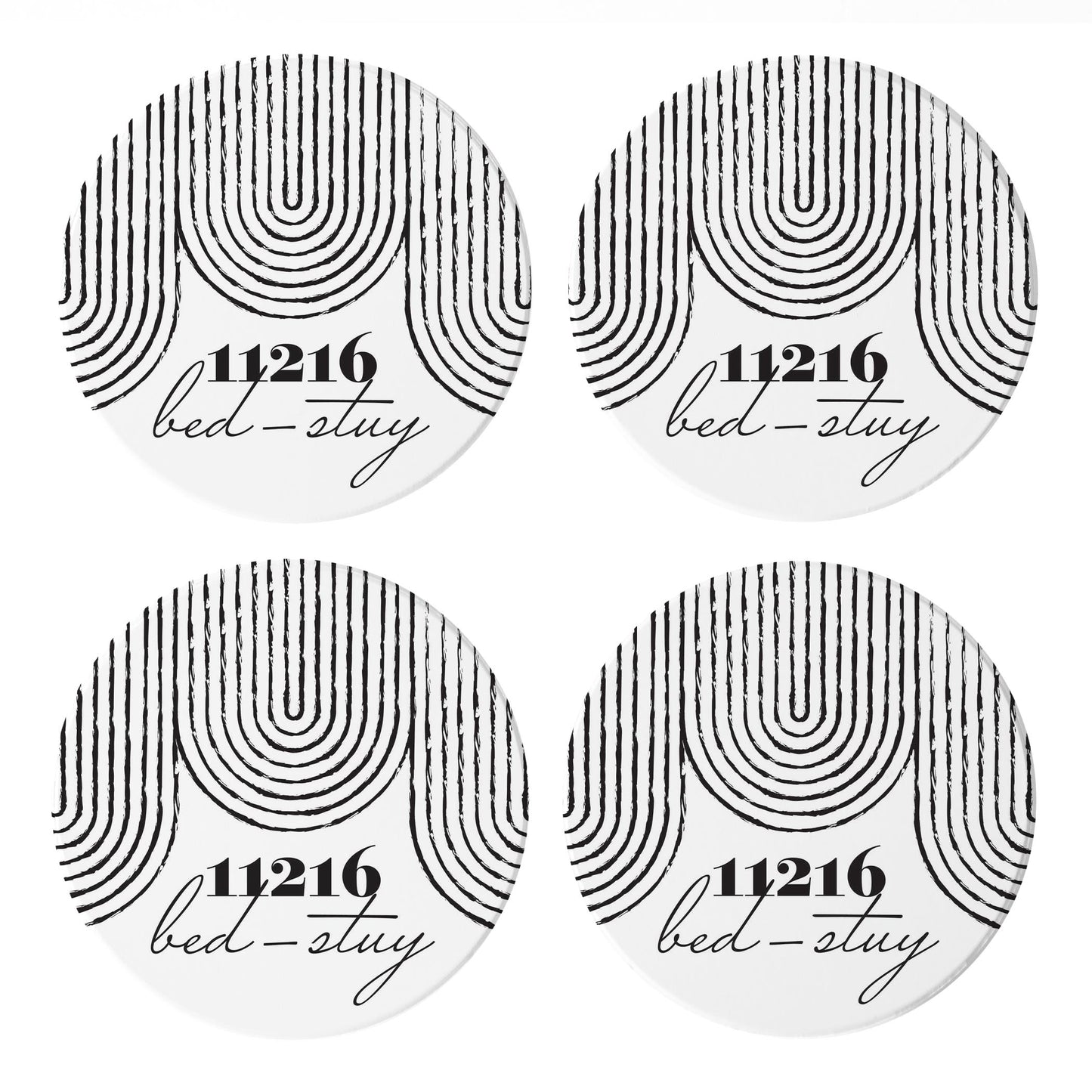Ceramic Round Coaster 4-Set-Black and White City Zip on White Bed-Stuy 11216