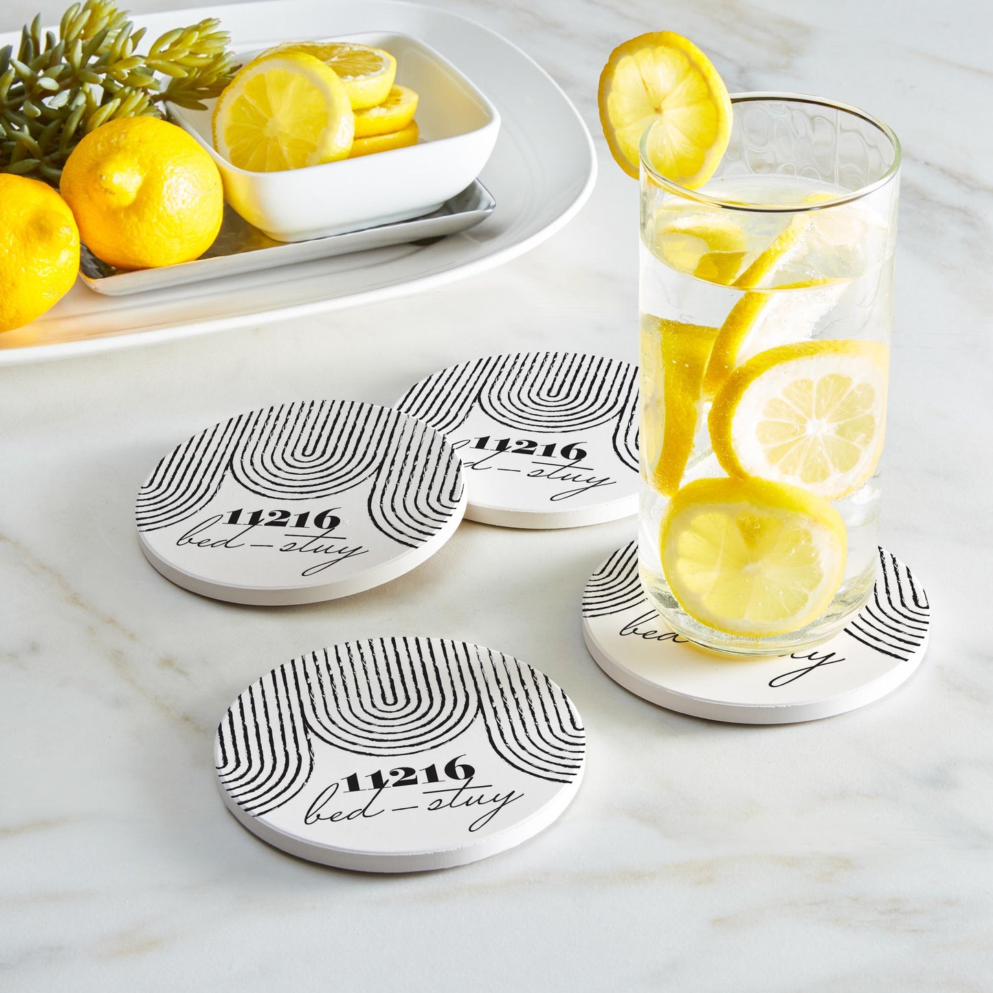 Ceramic Round Coaster 4-Set-Black and White City Zip on White Bed-Stuy 11216