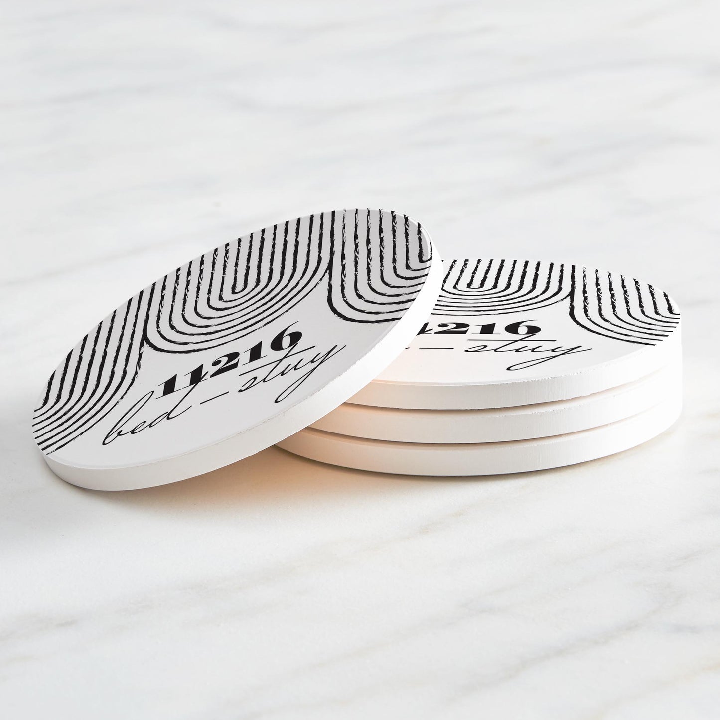 Ceramic Round Coaster 4-Set-Black and White City Zip on White Bed-Stuy 11216
