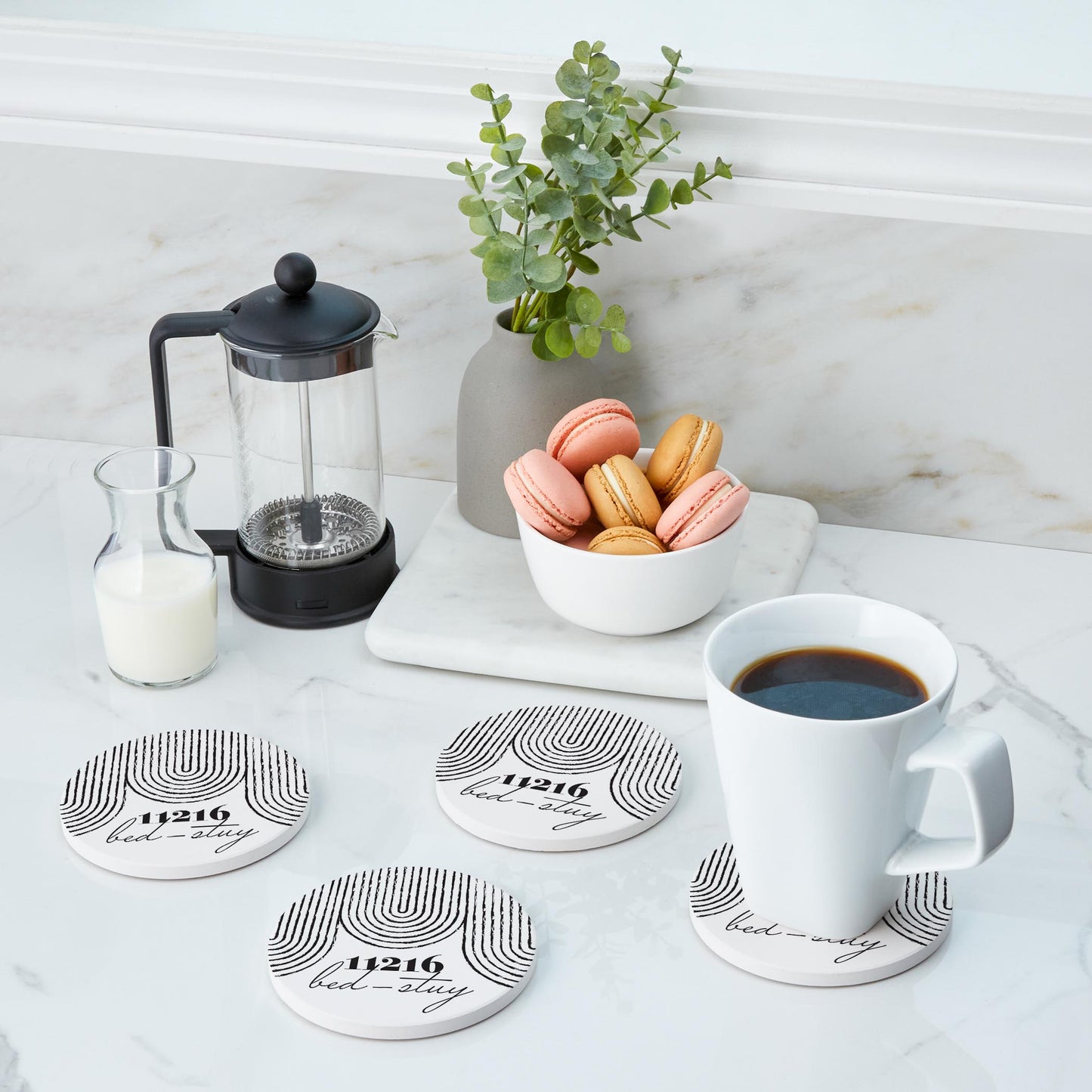 Ceramic Round Coaster 4-Set-Black and White City Zip on White Bed-Stuy 11216