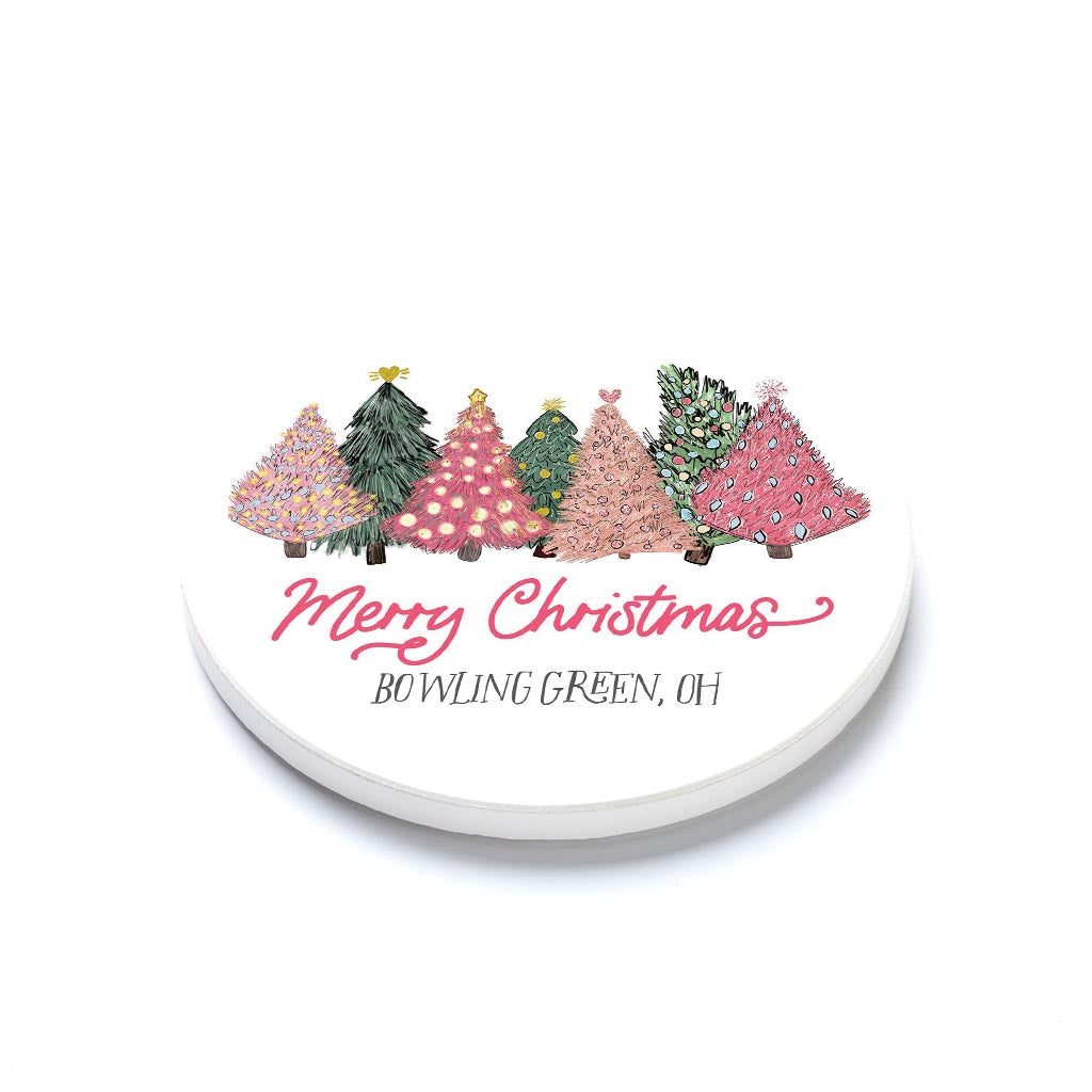 Ceramic Round Coaster-Pink Christmas Trees Bowling Green Ohio -1