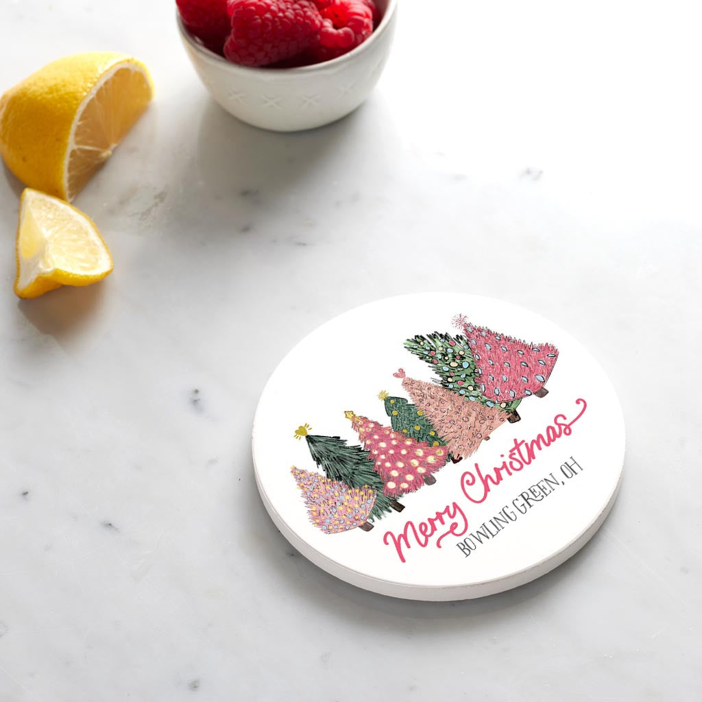 Ceramic Round Coaster-Pink Christmas Trees Bowling Green Ohio -3