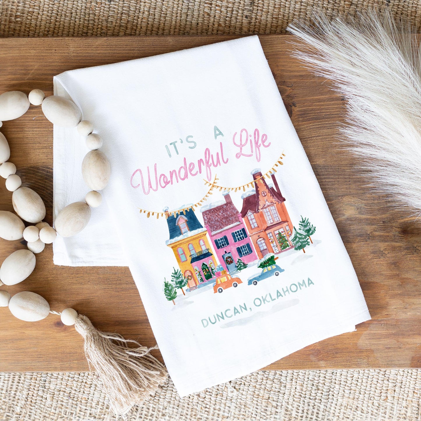 Cotton Tea Towel White-It's A Wonderful Life Duncan Oklahoma -1