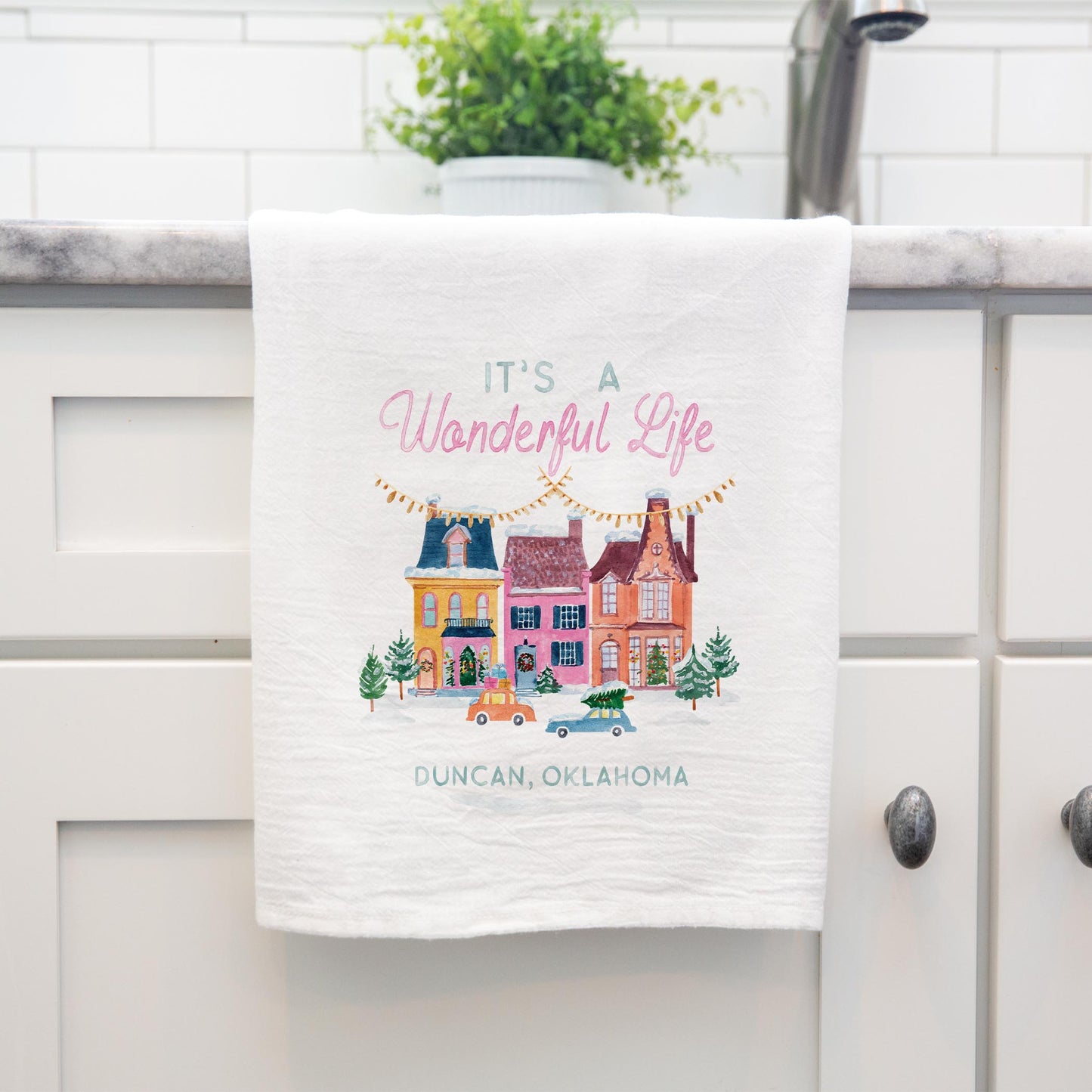 Cotton Tea Towel White-It's A Wonderful Life Duncan Oklahoma -3