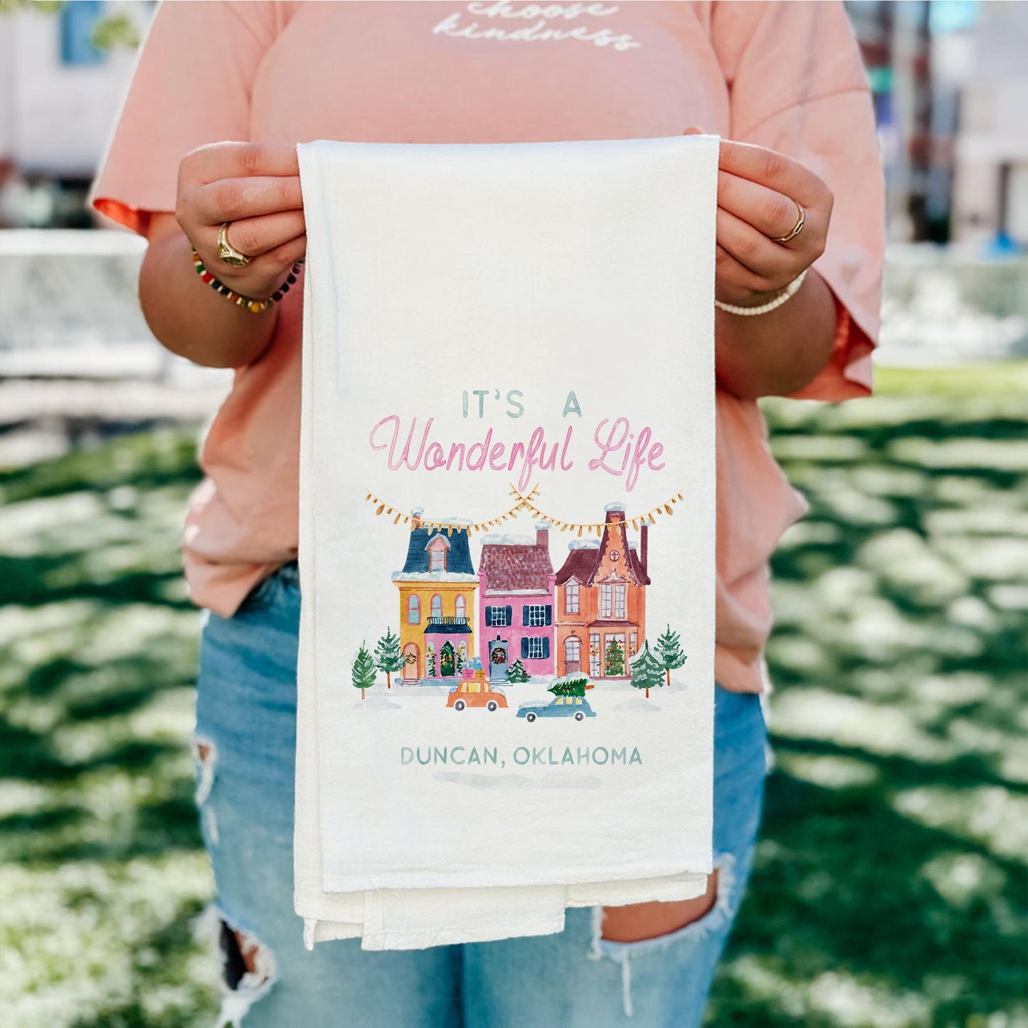 Cotton Tea Towel White-It's A Wonderful Life Duncan Oklahoma -4