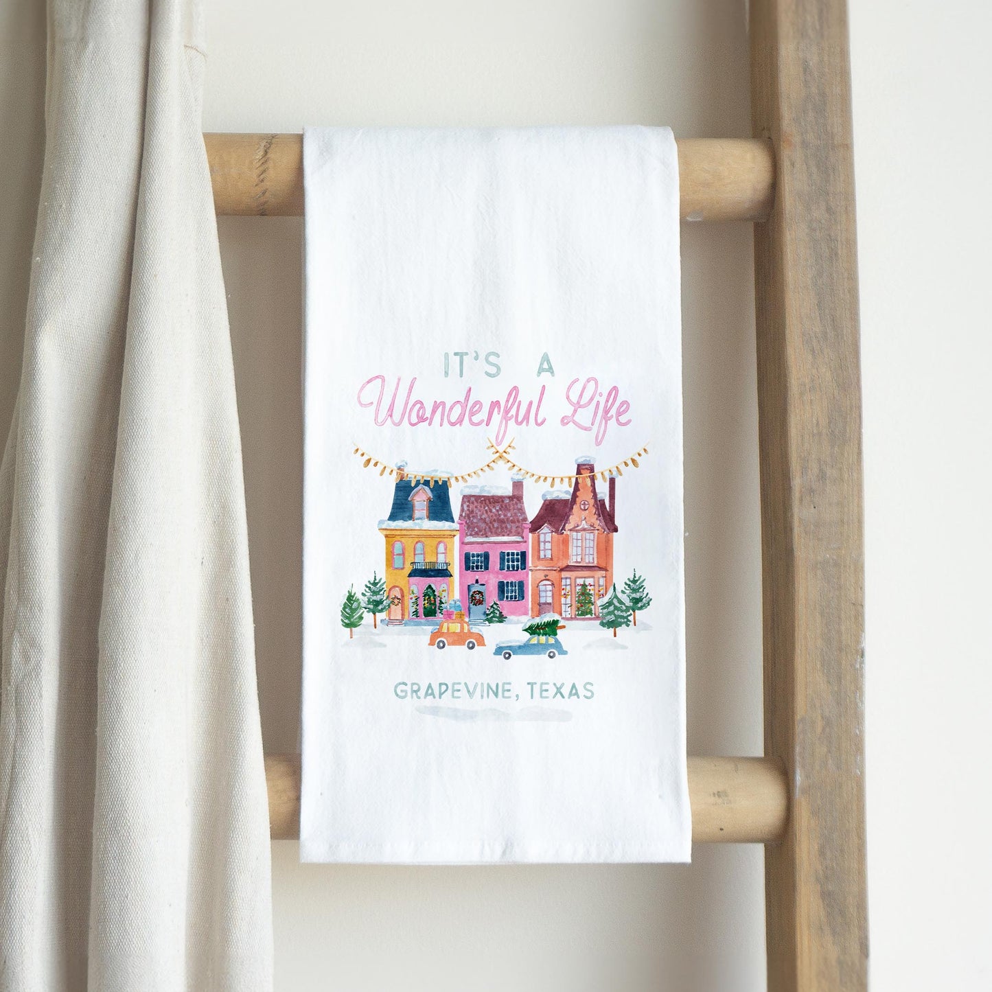 Cotton Tea Towel White-It's A Wonderful Life Grapevine Texas
