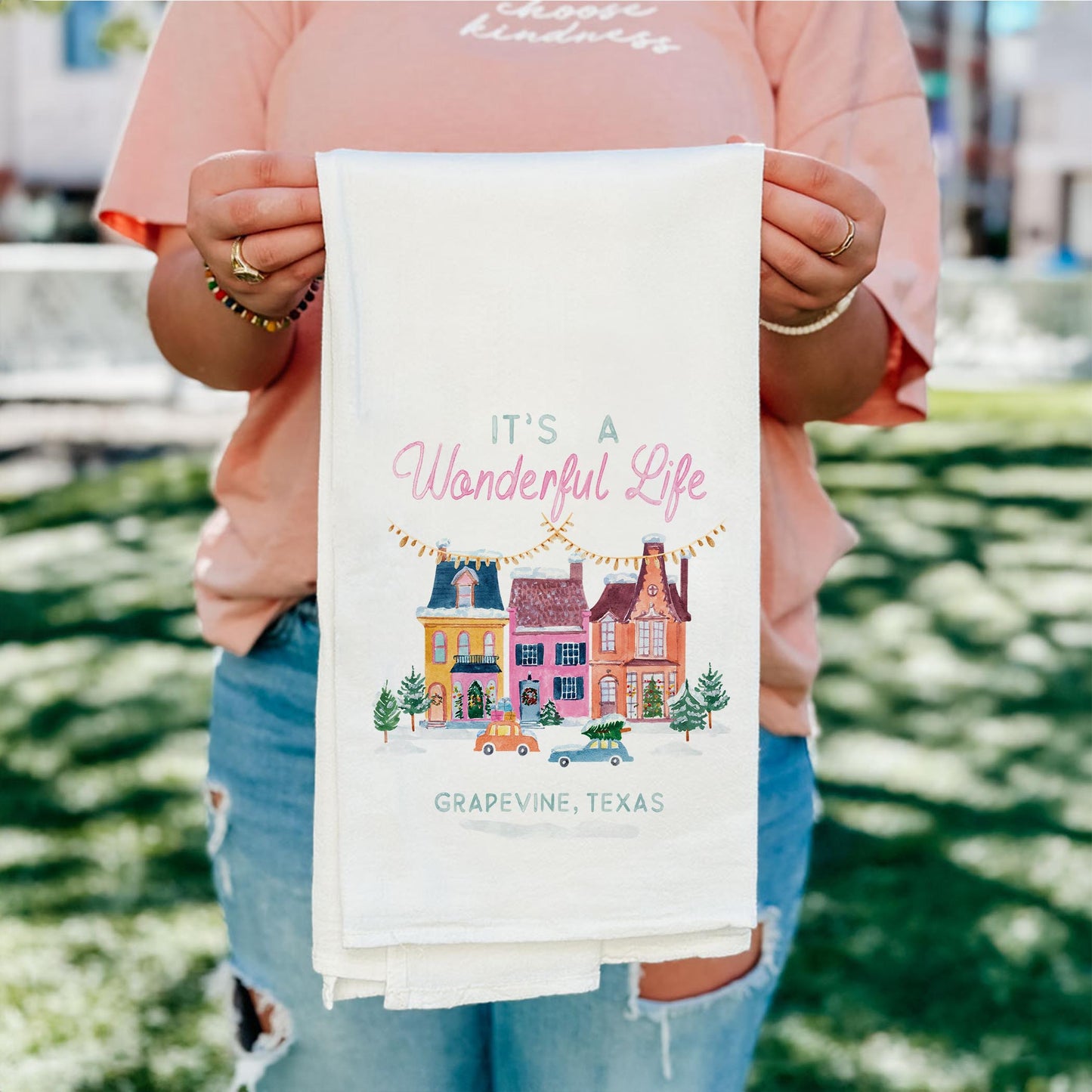 Cotton Tea Towel White-It's A Wonderful Life Grapevine Texas