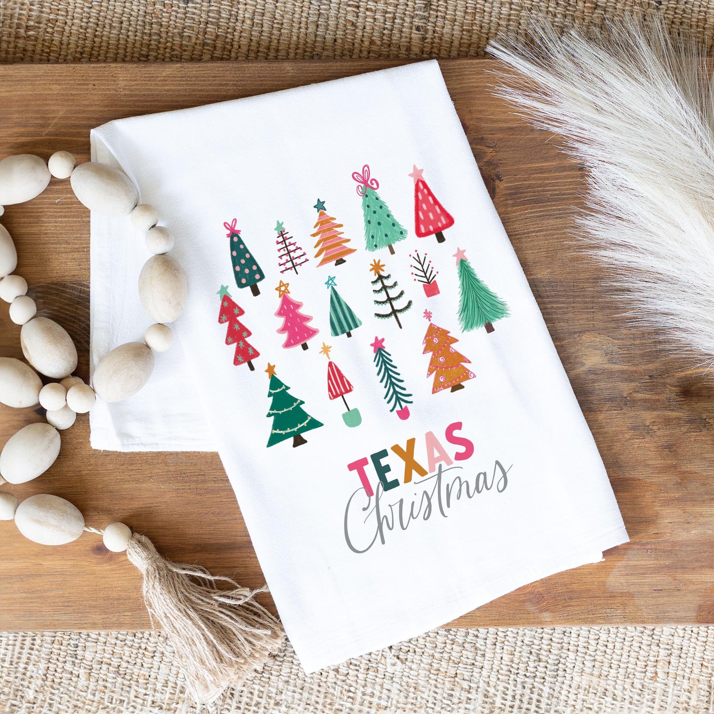 Cotton Tea Towel White-Bright Whimsy Wonderland Texas Christmas