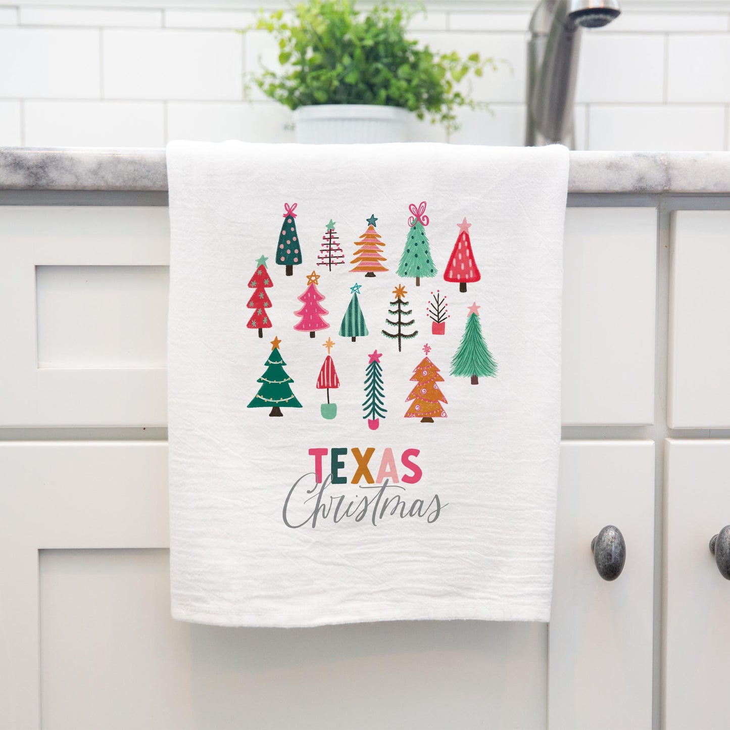 Cotton Tea Towel White-Bright Whimsy Wonderland Texas Christmas