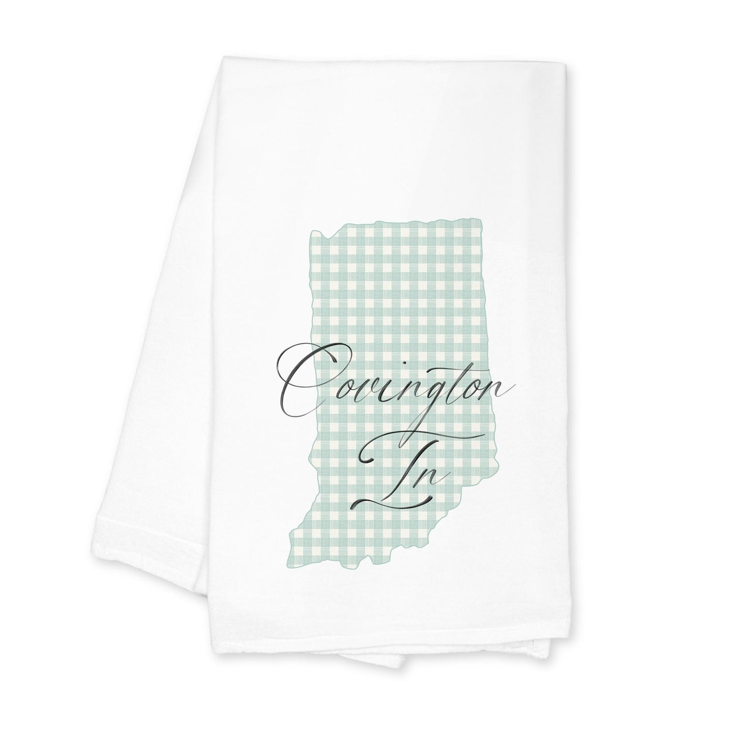 Cotton Tea Towel White-Mint Checker State Covington Indiana -0
