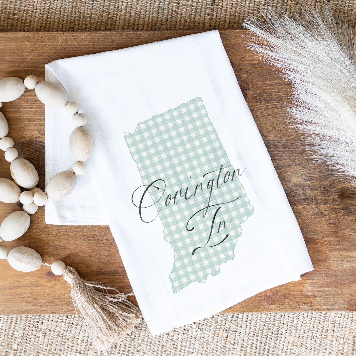 Cotton Tea Towel White-Mint Checker State Covington Indiana -1