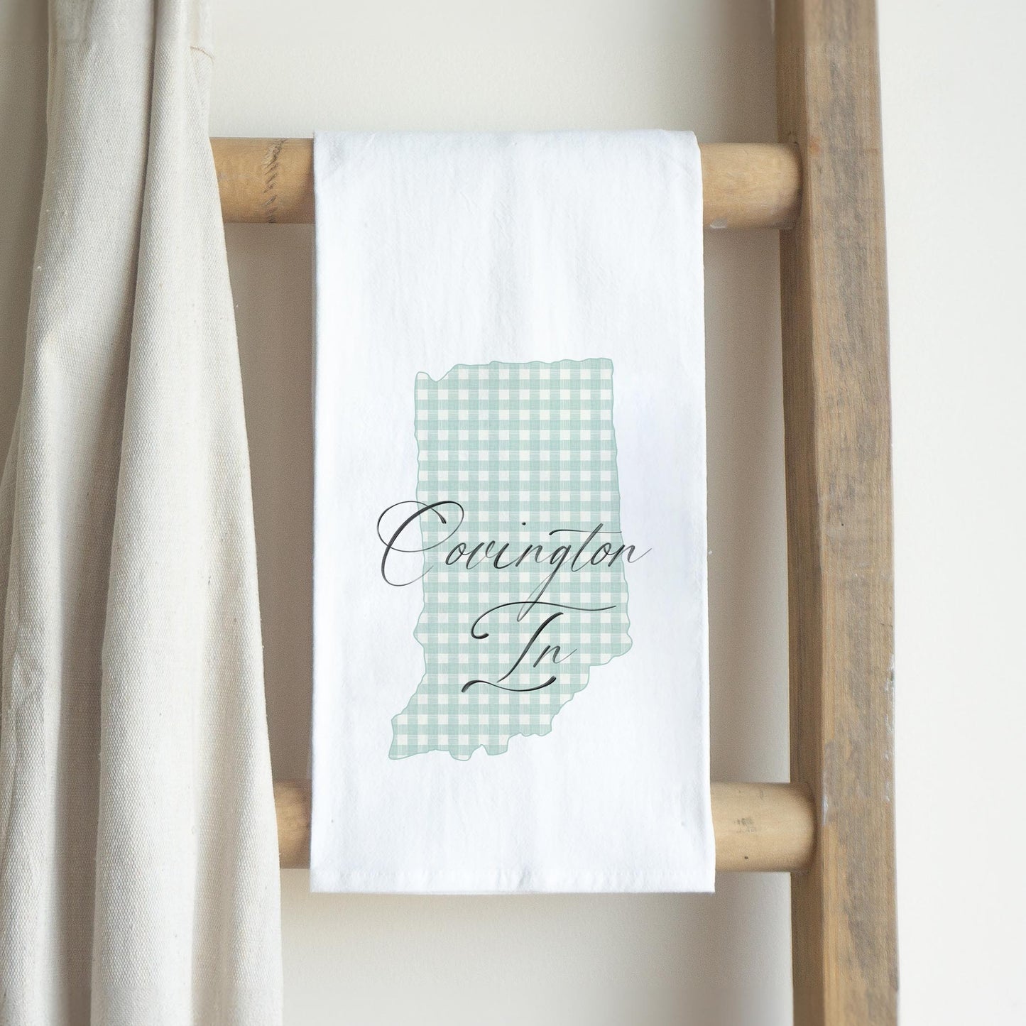 Cotton Tea Towel White-Mint Checker State Covington Indiana -2