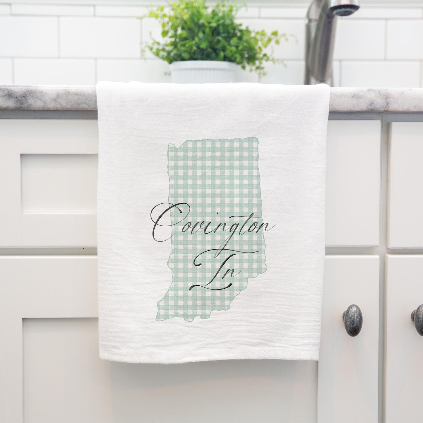 Cotton Tea Towel White-Mint Checker State Covington Indiana -3