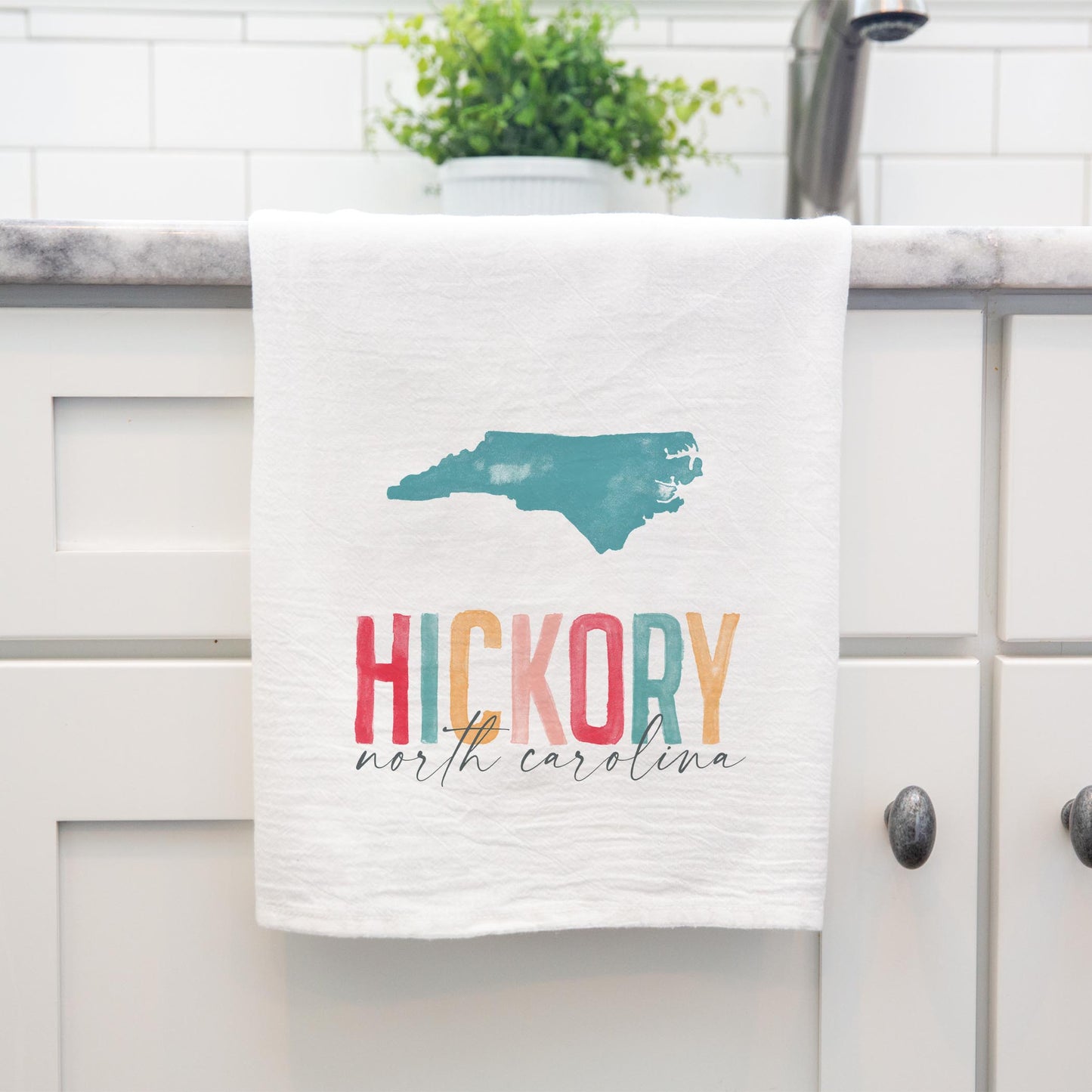 Cotton Tea Towel White-Watercolor City Hickory North Carolina -3