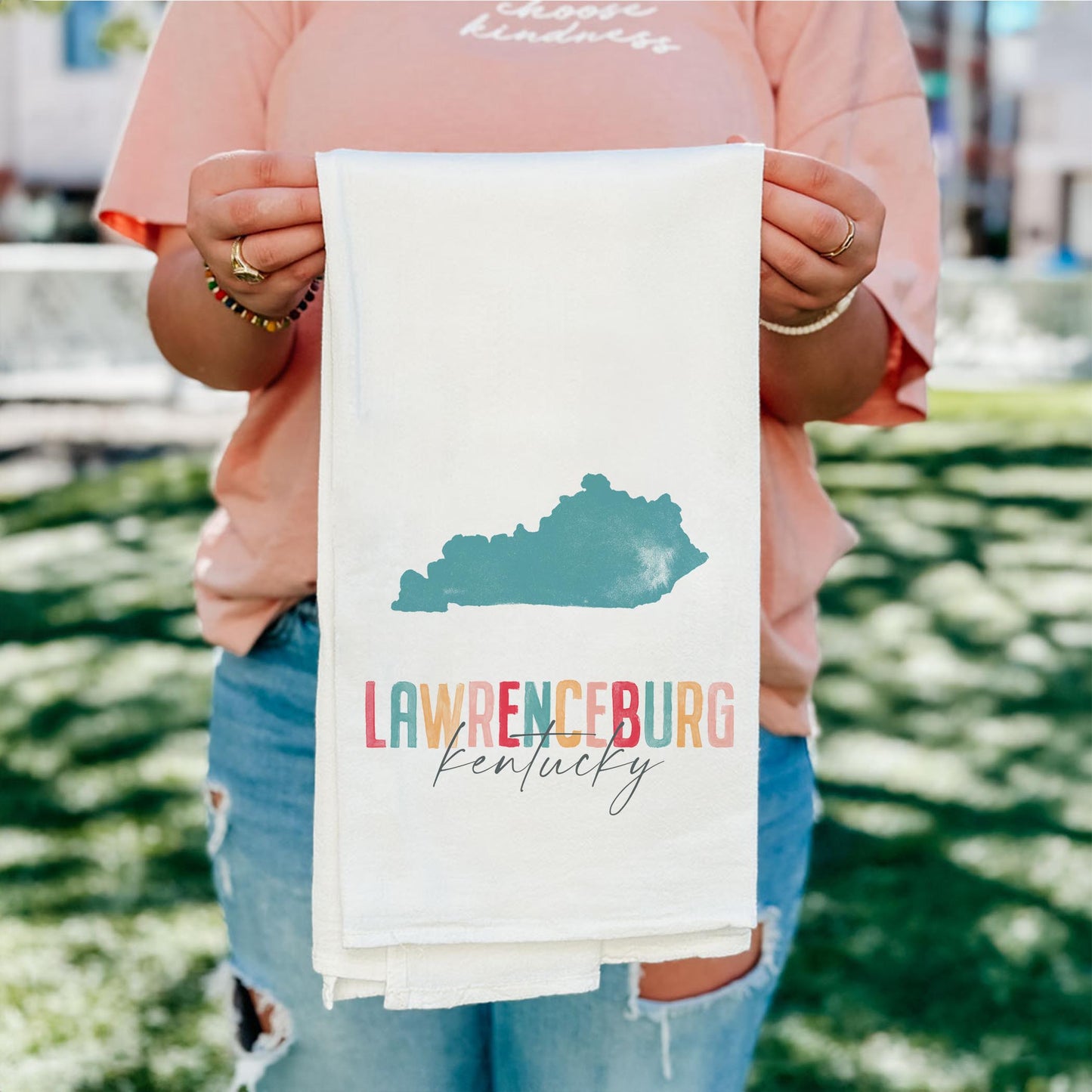 Cotton Tea Towel White-Watercolor City Lawrenceburg Kentucky -4