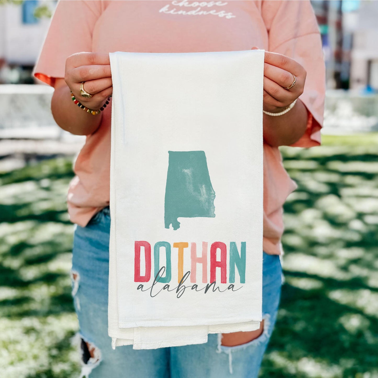 Cotton Tea Towel White-Watercolor City Dothan Alabama