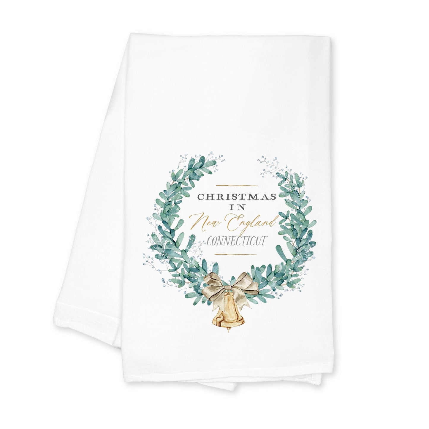 Cotton Tea Towel White-Classic City Christmas New England Connecticut -0