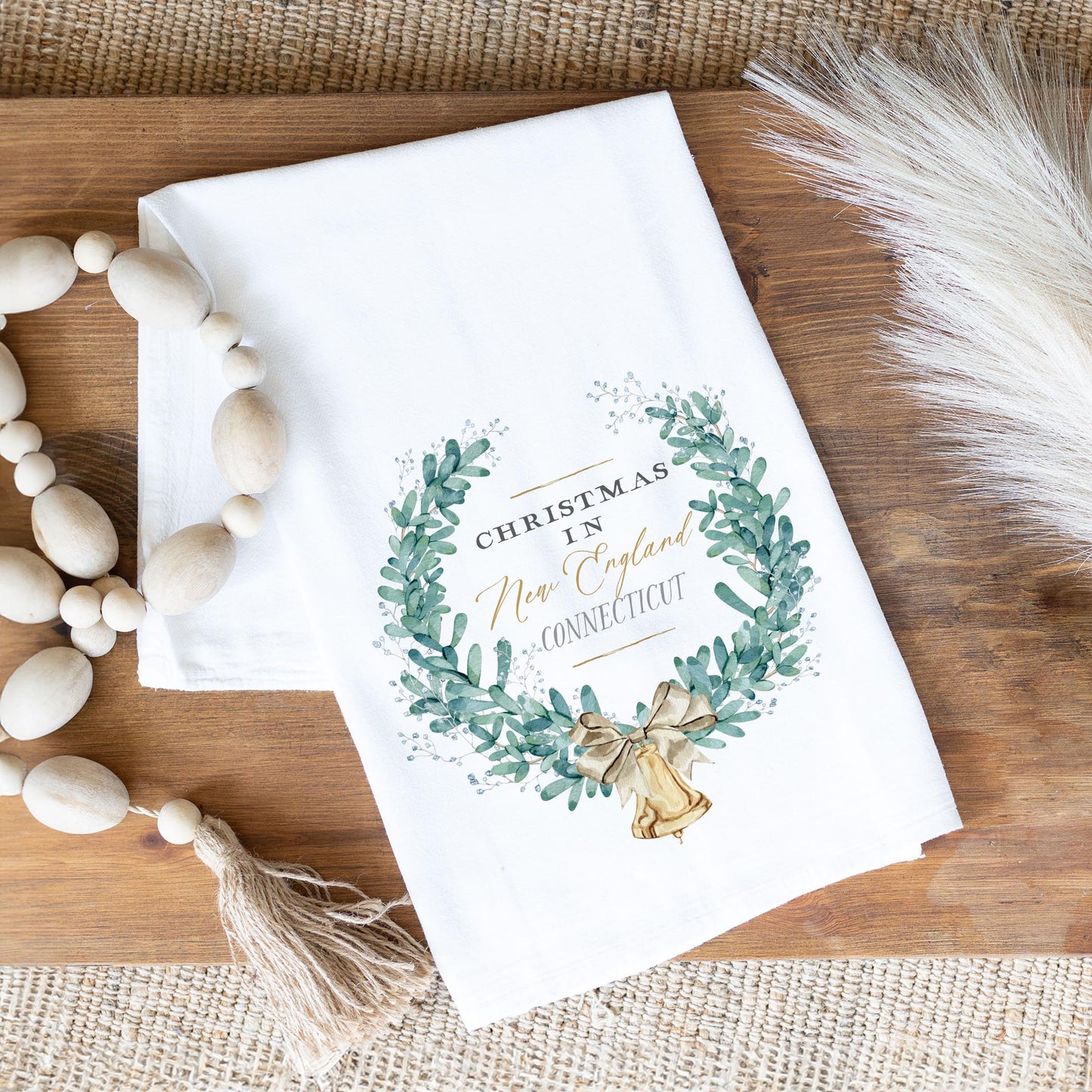 Cotton Tea Towel White-Classic City Christmas New England Connecticut -1